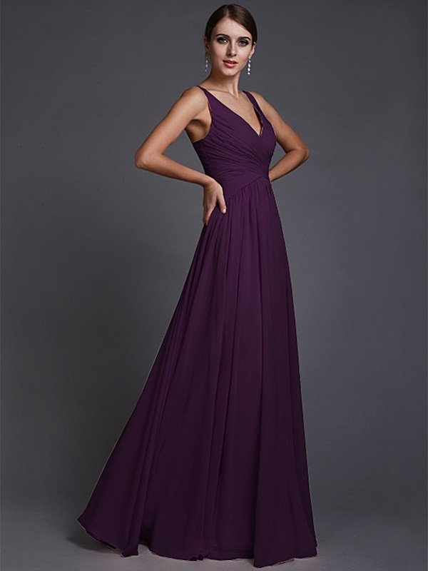 V-Neck Elegant Sleeveless Long Ruffles Chiffon Bridesmaid Dresses