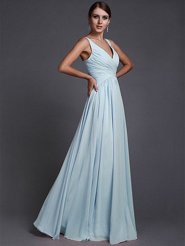 V-Neck Elegant Sleeveless Long Ruffles Chiffon Bridesmaid Dresses