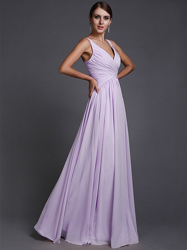 V-Neck Elegant Sleeveless Long Ruffles Chiffon Bridesmaid Dresses