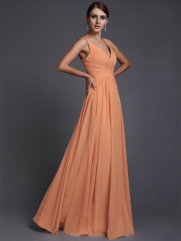 V-Neck Elegant Sleeveless Long Ruffles Chiffon Bridesmaid Dresses