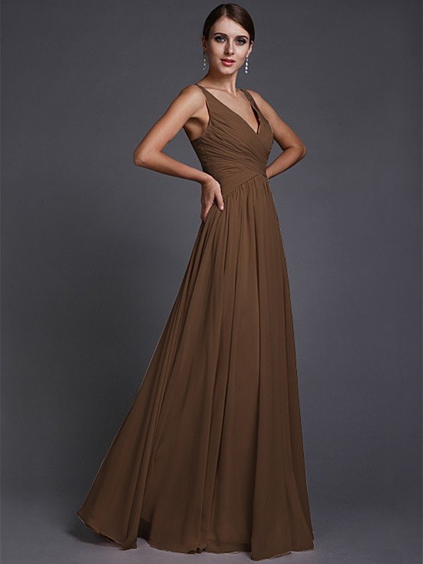 V-Neck Elegant Sleeveless Long Ruffles Chiffon Bridesmaid Dresses