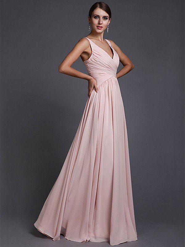 V-Neck Elegant Sleeveless Long Ruffles Chiffon Bridesmaid Dresses