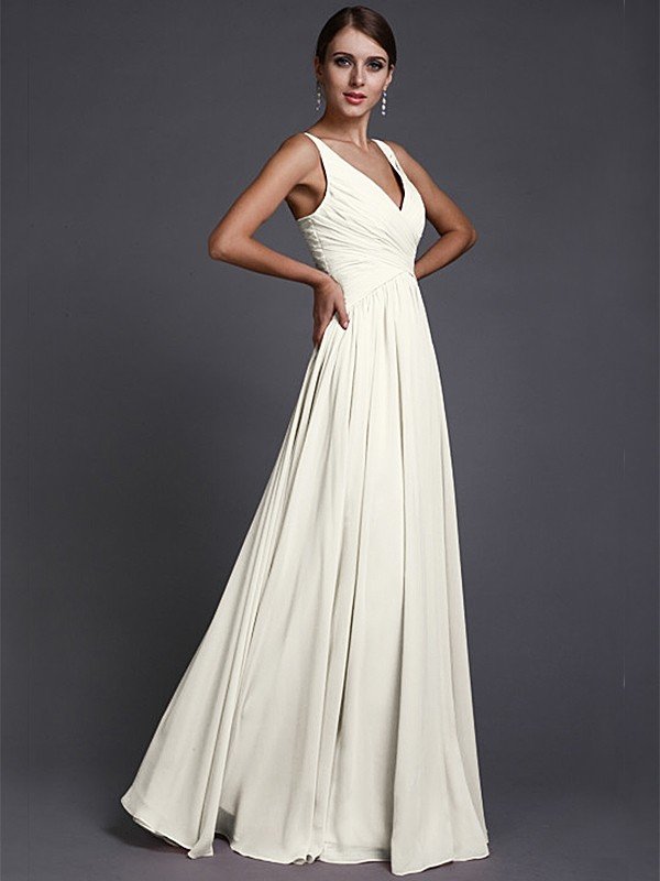 V-Neck Elegant Sleeveless Long Ruffles Chiffon Bridesmaid Dresses