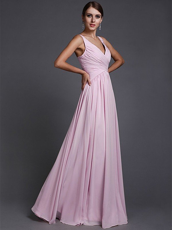 V-Neck Elegant Sleeveless Long Ruffles Chiffon Bridesmaid Dresses
