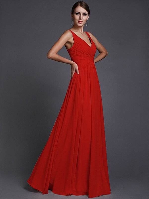 V-Neck Elegant Sleeveless Long Ruffles Chiffon Bridesmaid Dresses
