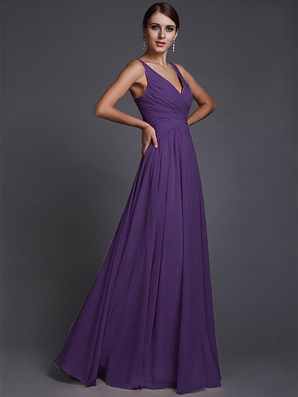 V-Neck Elegant Sleeveless Long Ruffles Chiffon Bridesmaid Dresses