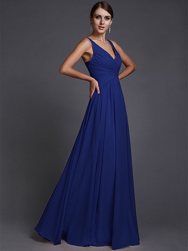 V-Neck Elegant Sleeveless Long Ruffles Chiffon Bridesmaid Dresses