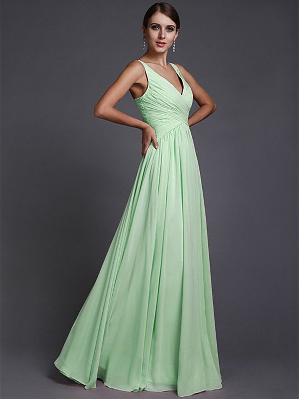 V-Neck Elegant Sleeveless Long Ruffles Chiffon Bridesmaid Dresses