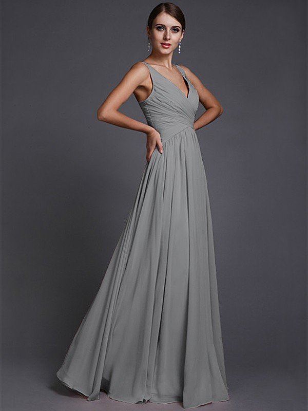 V-Neck Elegant Sleeveless Long Ruffles Chiffon Bridesmaid Dresses