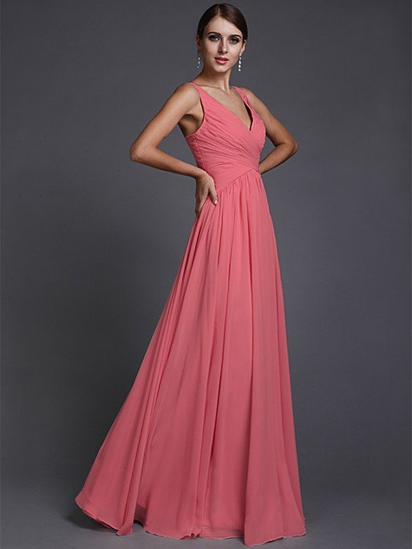 V-Neck Elegant Sleeveless Long Ruffles Chiffon Bridesmaid Dresses