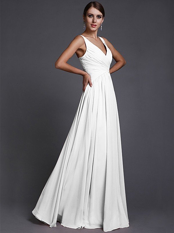 V-Neck Elegant Sleeveless Long Ruffles Chiffon Bridesmaid Dresses