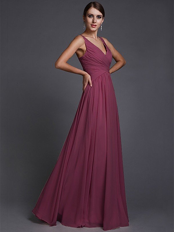 V-Neck Elegant Sleeveless Long Ruffles Chiffon Bridesmaid Dresses