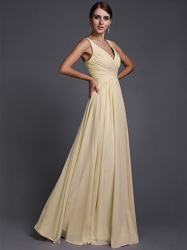 V-Neck Elegant Sleeveless Long Ruffles Chiffon Bridesmaid Dresses