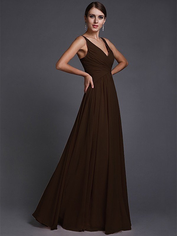 V-Neck Elegant Sleeveless Long Ruffles Chiffon Bridesmaid Dresses