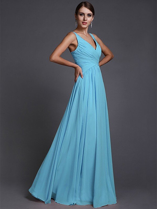V-Neck Elegant Sleeveless Long Ruffles Chiffon Bridesmaid Dresses