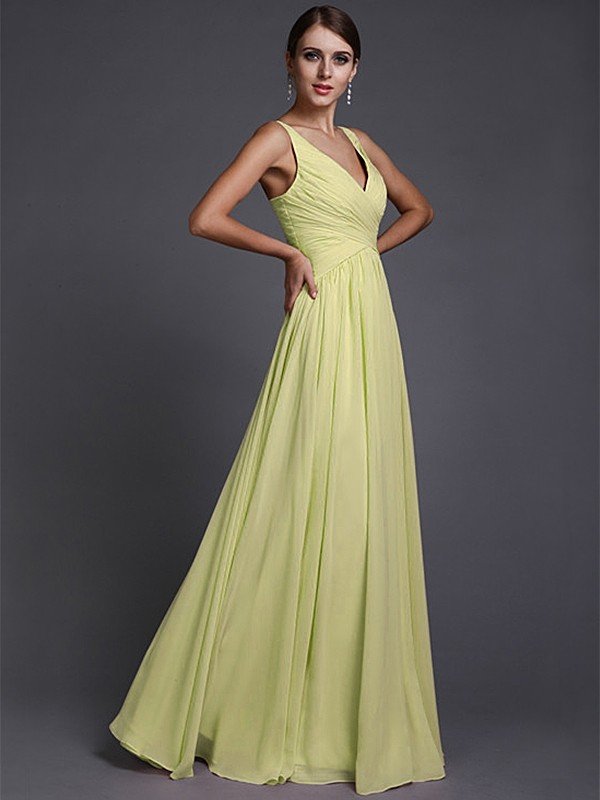 V-Neck Elegant Sleeveless Long Ruffles Chiffon Bridesmaid Dresses