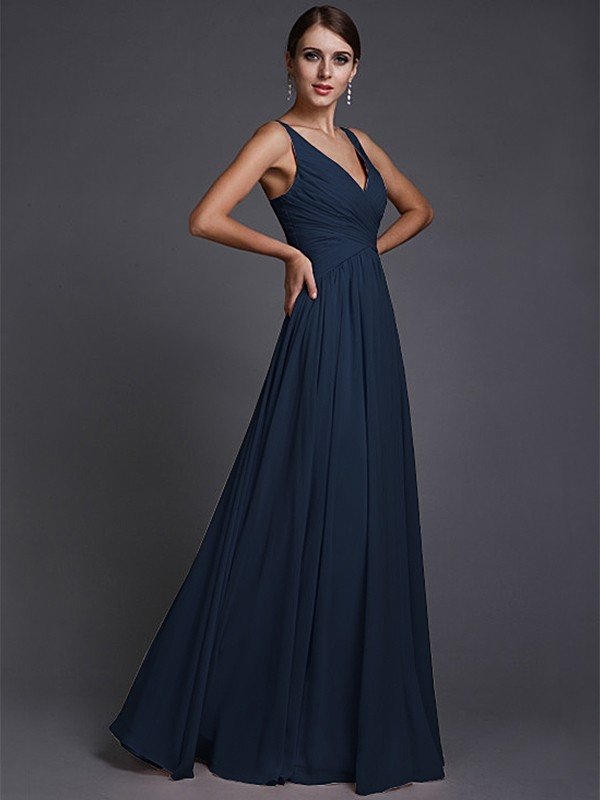 V-Neck Elegant Sleeveless Long Ruffles Chiffon Bridesmaid Dresses