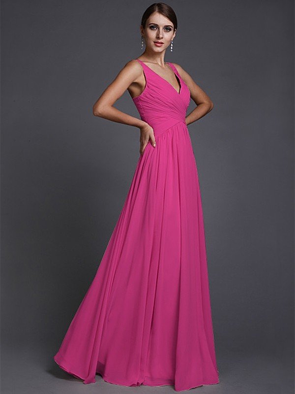 V-Neck Elegant Sleeveless Long Ruffles Chiffon Bridesmaid Dresses