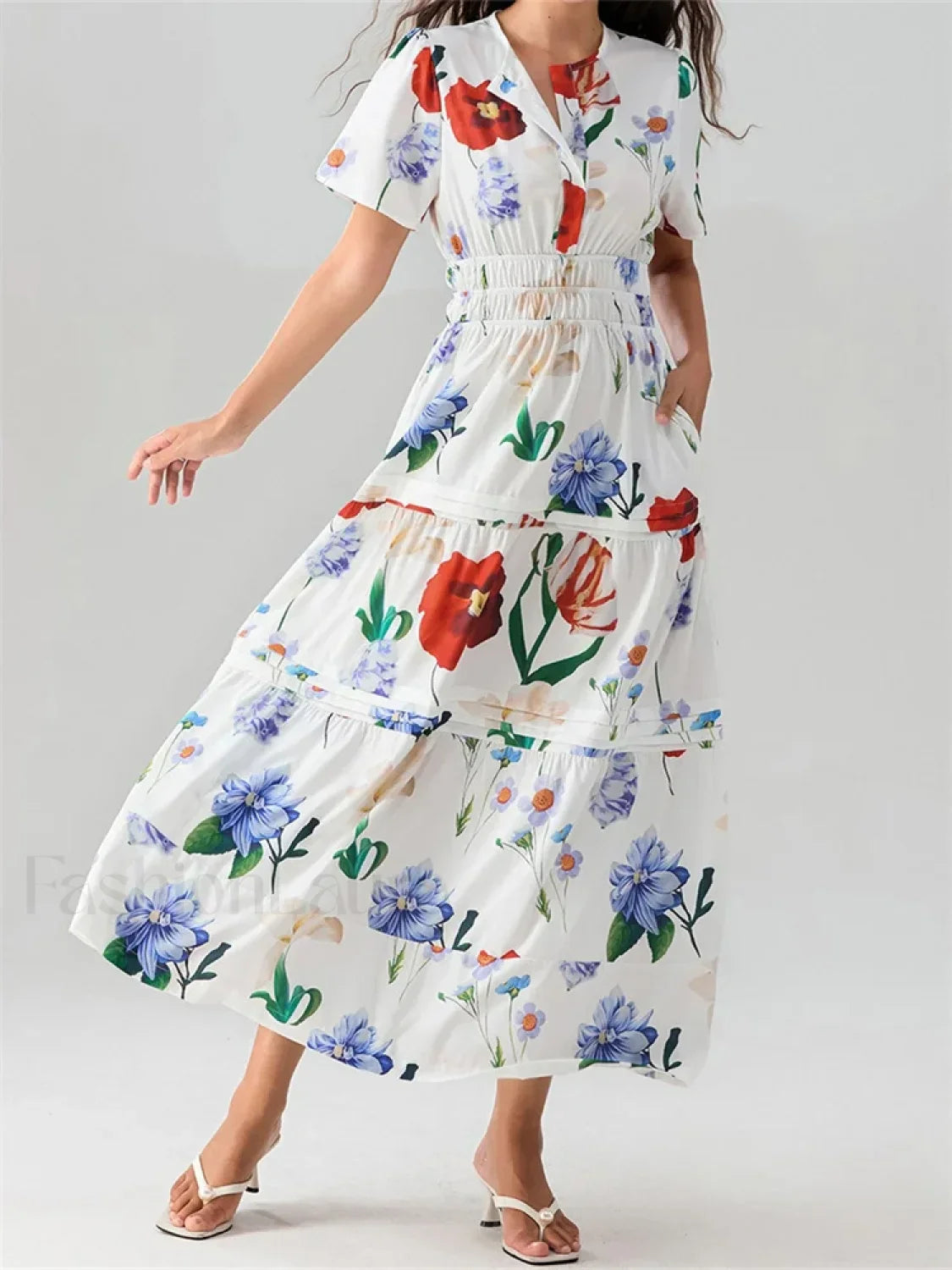 V Neck Flare Sleeve Pocket Maxi Dress white / S
