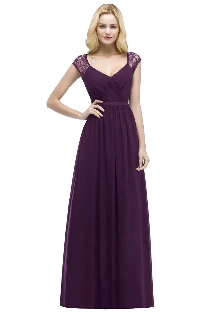 V-neck Floor Length A-line Lace Chiffon Bridesmaid Dresses with Sash by misshow.com