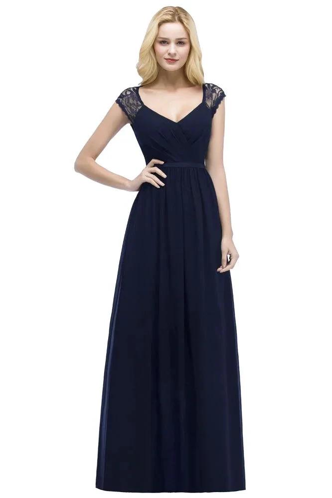 V-neck Floor Length A-line Lace Chiffon Bridesmaid Dresses with Sash by misshow.com