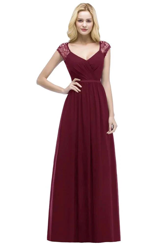 V-neck Floor Length A-line Lace Chiffon Bridesmaid Dresses with Sash by misshow.com
