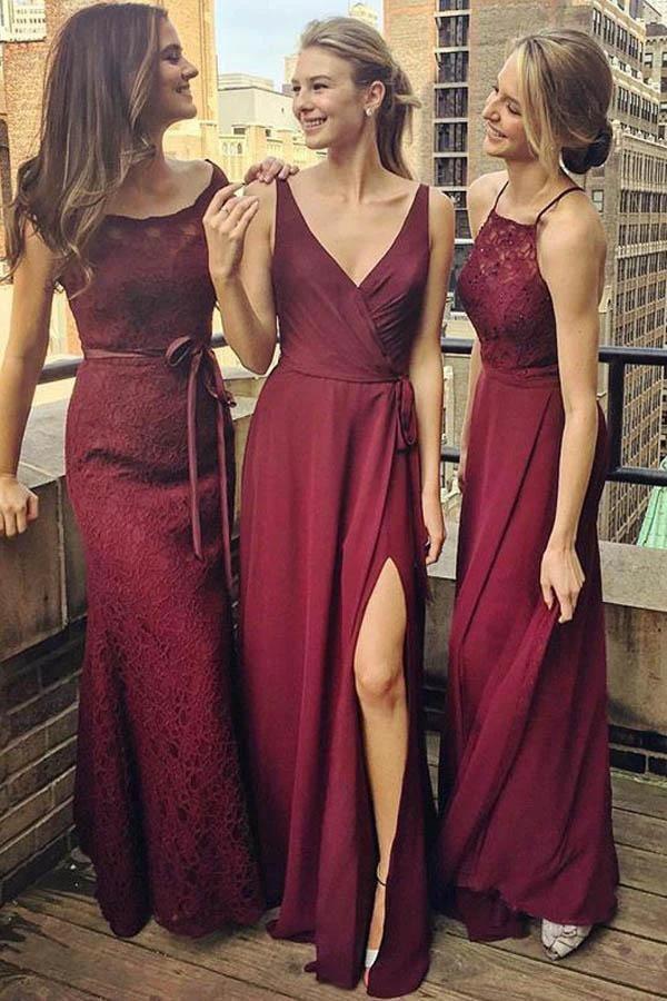 V-Neck Floor-Length Grape Chiffon Bridesmaid Dress wtih Split (ZD13214)