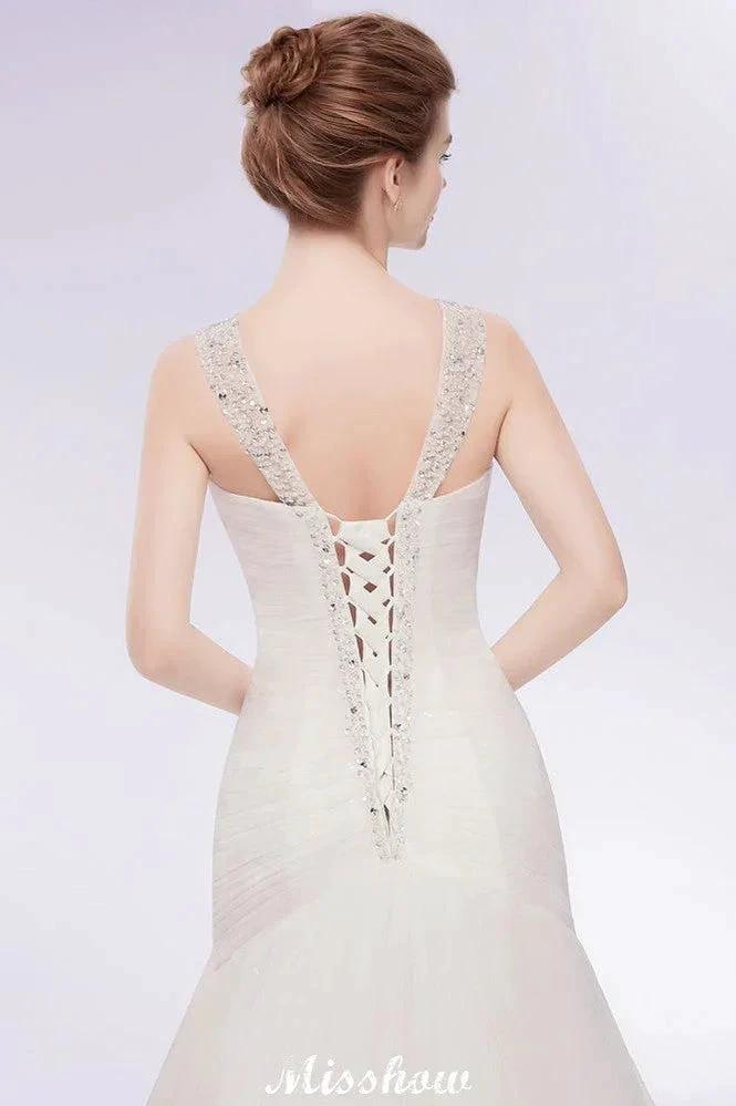 V-neck Floor Length Mermaid Crystals Tulle Wedding Dresses (ZD13954)