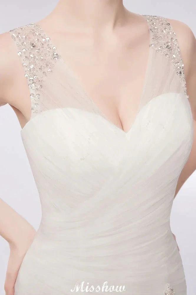 V-neck Floor Length Mermaid Crystals Tulle Wedding Dresses (ZD13954)