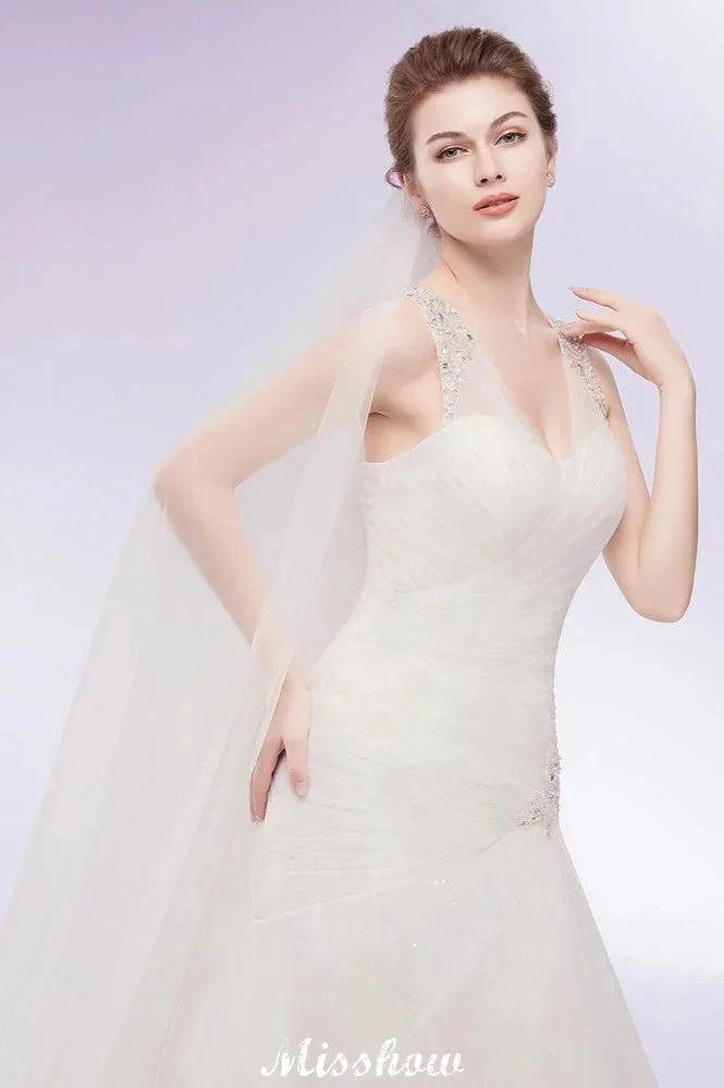 V-neck Floor Length Mermaid Crystals Tulle Wedding Dresses (ZD13954)