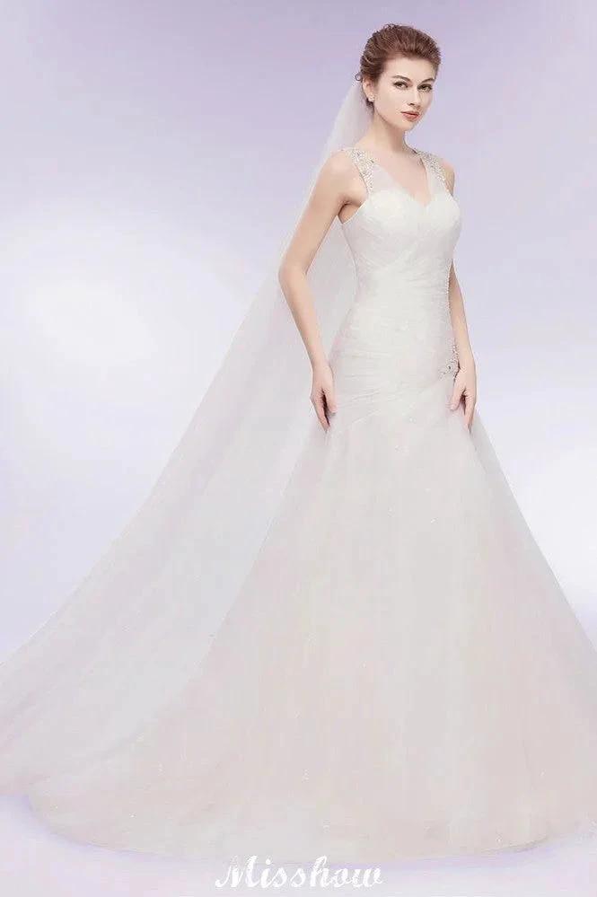 V-neck Floor Length Mermaid Crystals Tulle Wedding Dresses (ZD13954)
