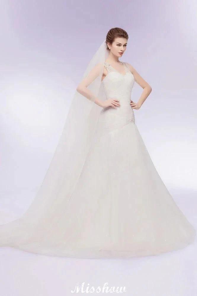 V-neck Floor Length Mermaid Crystals Tulle Wedding Dresses (ZD13954)