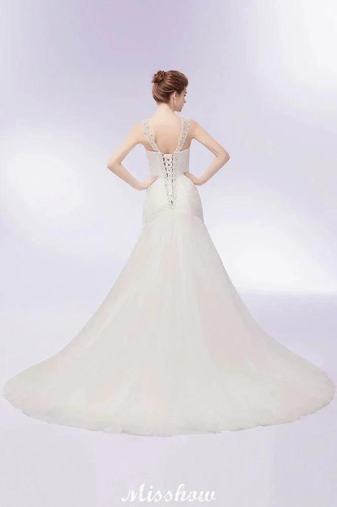V-neck Floor Length Mermaid Crystals Tulle Wedding Dresses (ZD13954)