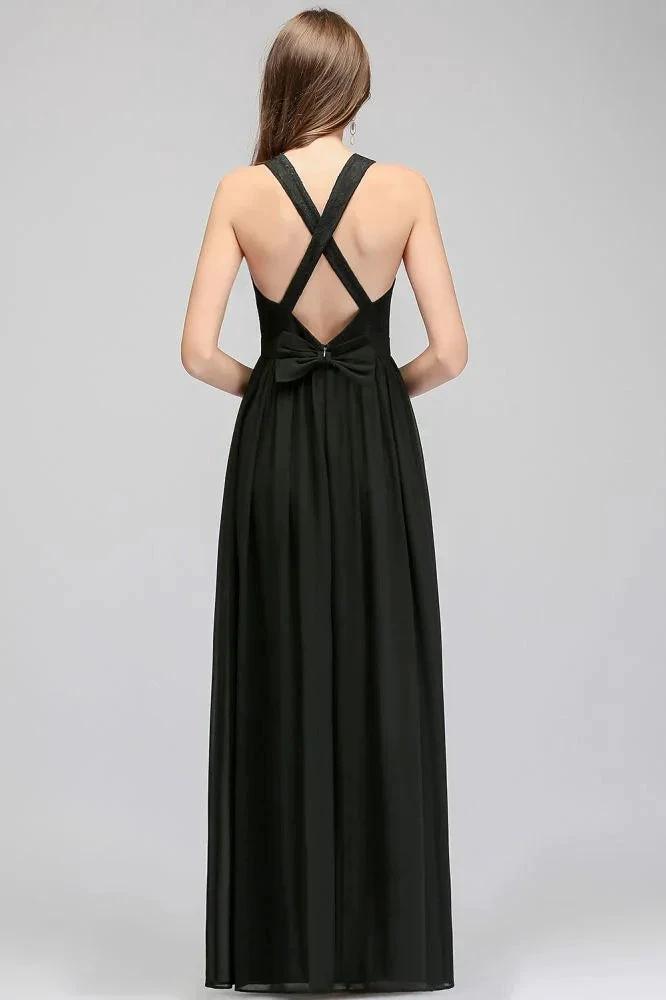 V-neck Floor Length Sleeveless Lace Top Black Bridesmaid Dress (ZD13040)