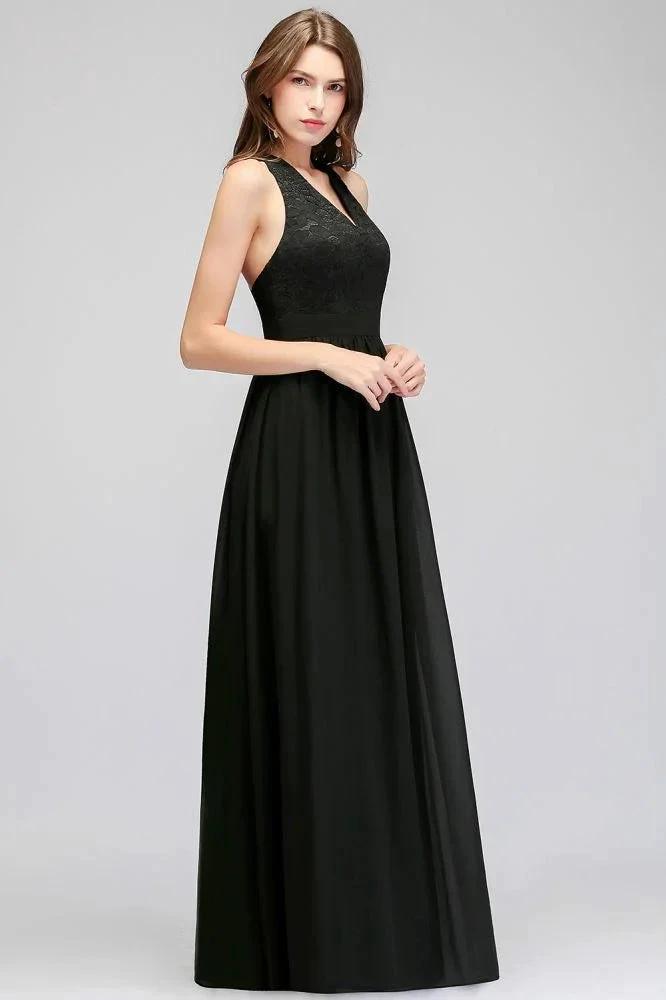 V-neck Floor Length Sleeveless Lace Top Black Bridesmaid Dress (ZD13040)