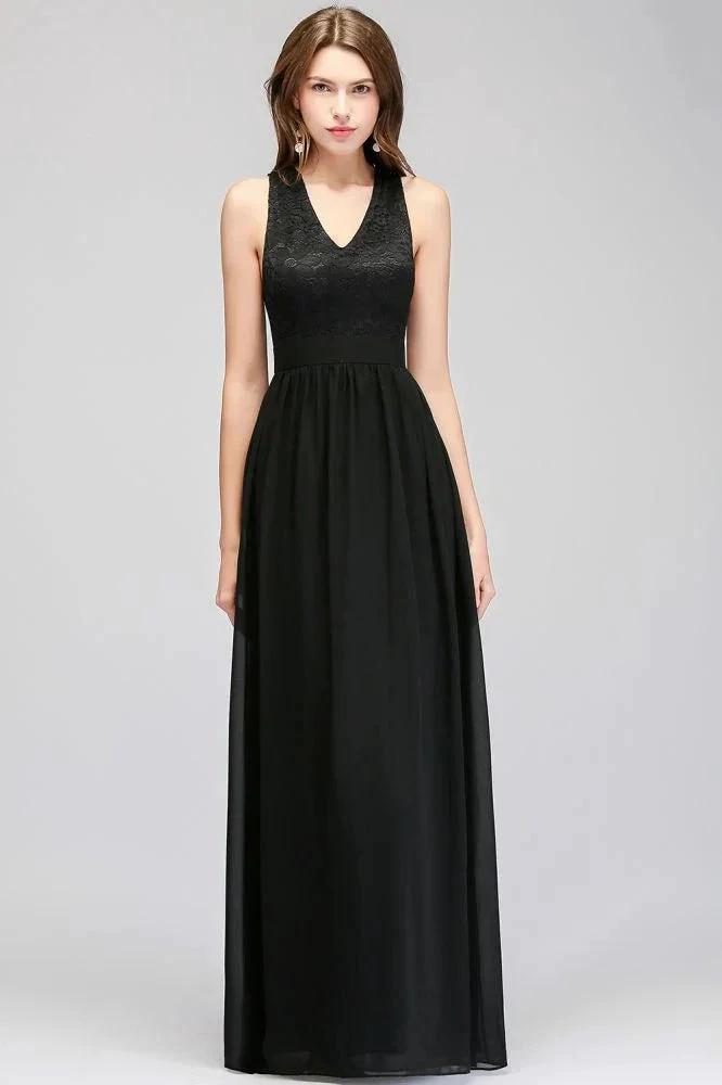 V-neck Floor Length Sleeveless Lace Top Black Bridesmaid Dress (ZD13040)