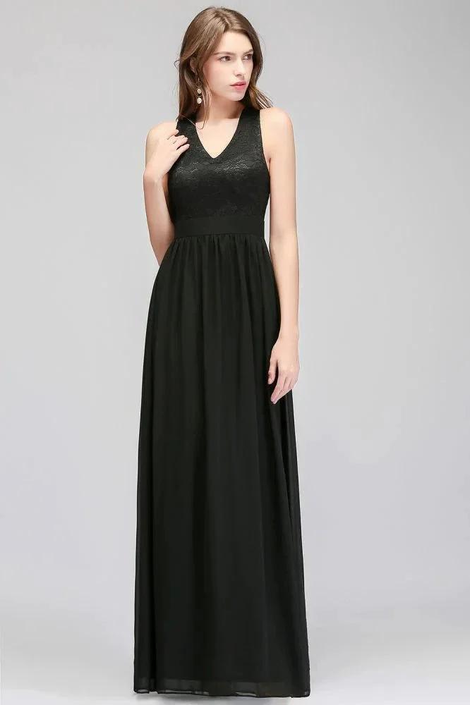V-neck Floor Length Sleeveless Lace Top Black Bridesmaid Dress by misshow.com