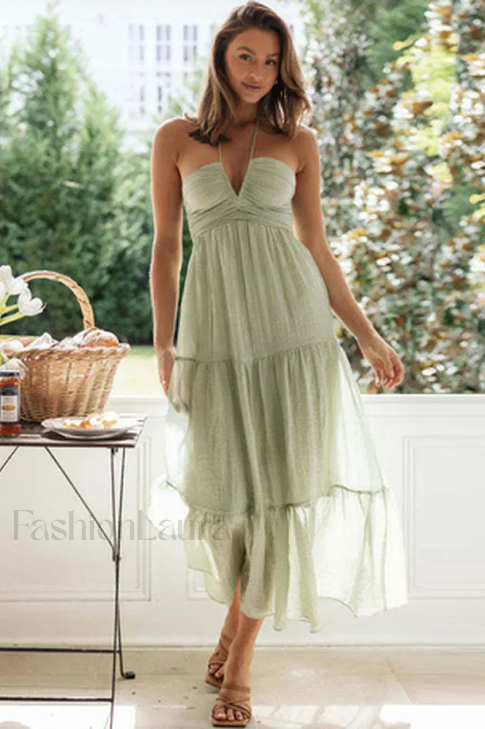 V Neck Lace Stylish Up Beach Dress S / Mint