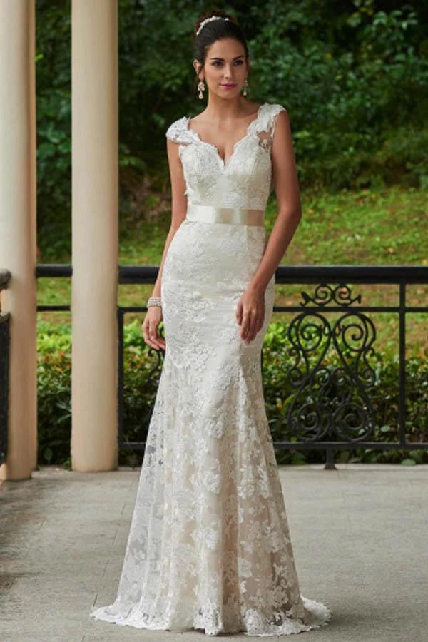V-Neck Lace Zipper-Up Sheath Sweep Train Wedding Dress (ZD15414)