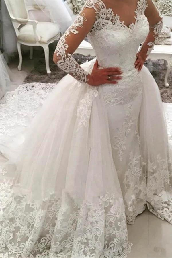 V-Neck Long Sleeves Appliques Watteau Train Wedding Dress (ZD15413)
