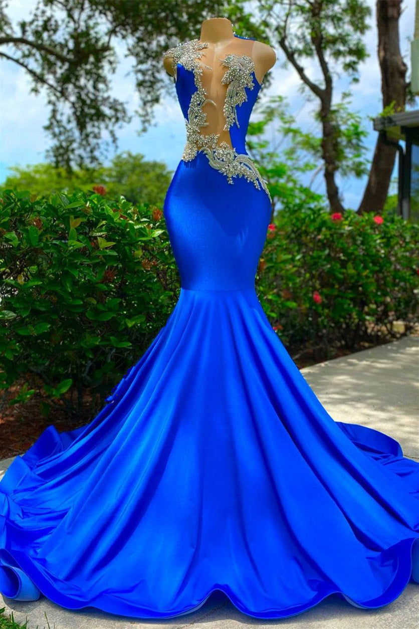 V-Neck Mermaid Appliques Lace Sequined Open Back One-Shoulder Floor-Length Sleeveless Prom Dress