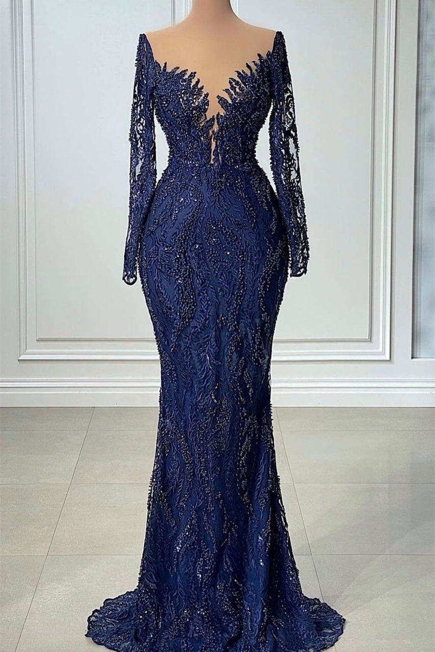 V-Neck Mermaid Lace Floor-Length Long Sleeve Sequined Prom Dress