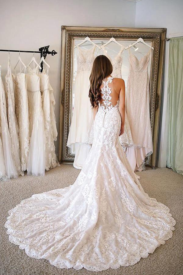 V Neck Mermaid Lace Wedding Dresses Bridal Gown With Sweep Train (ZD15282)