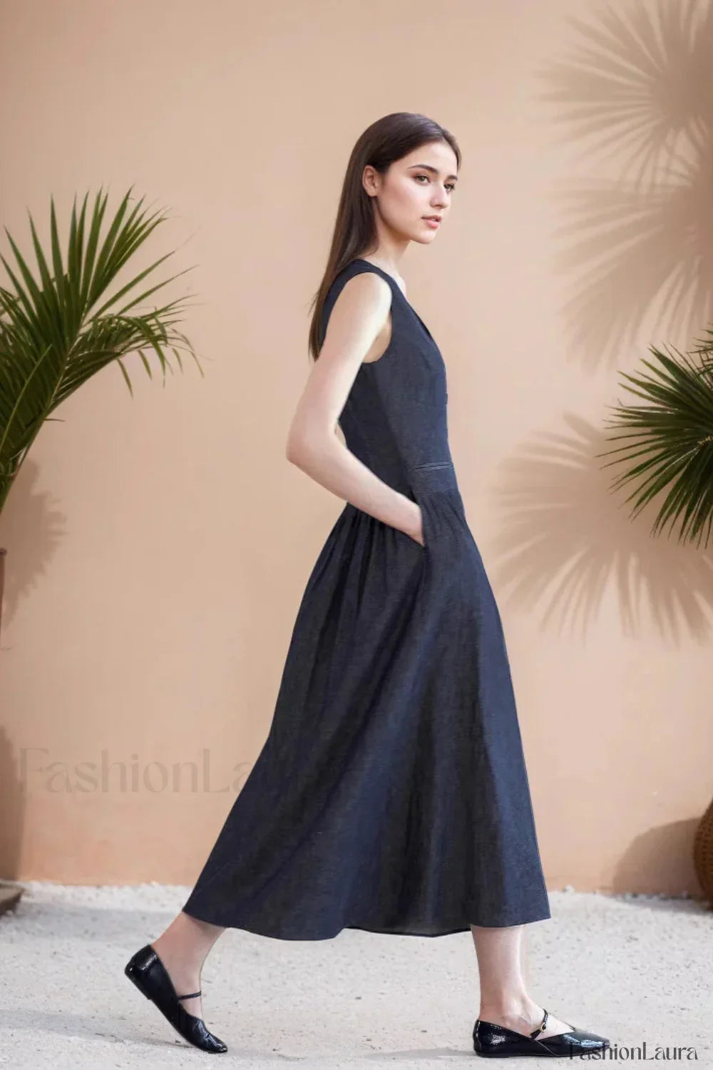 V Neck Pocket Dress with Relaxed Fit and Comfort Fit Design