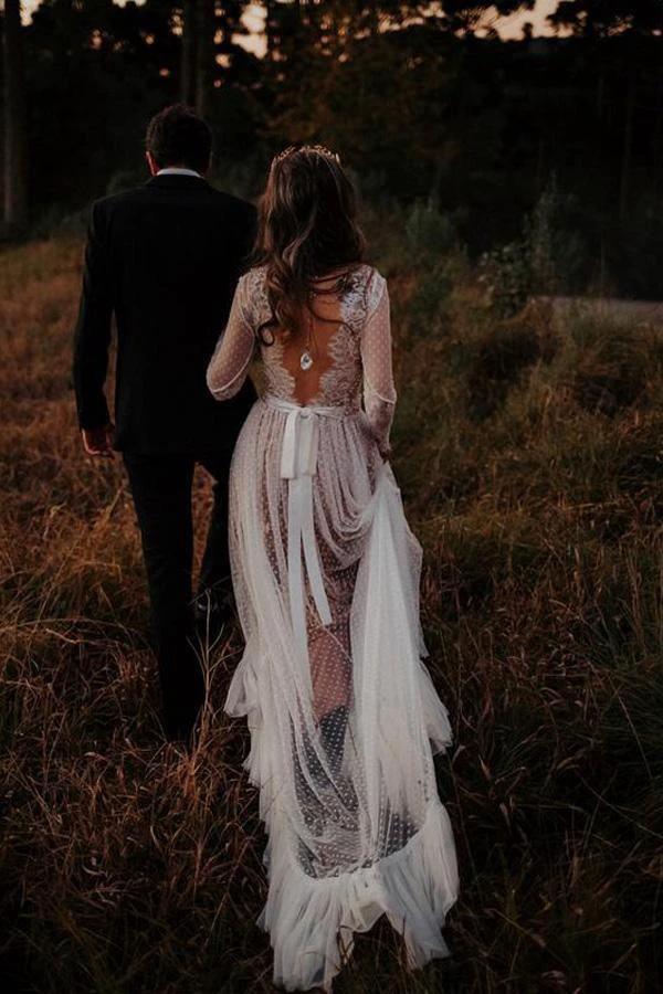 V-Neck Polka Dot Lace Open Back Long Sleeve Boho Bridal Gown (ZD16323)