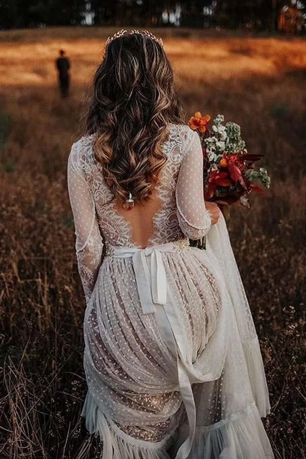 V-Neck Polka Dot Lace Open Back Long Sleeve Boho Bridal Gown (ZD16323)