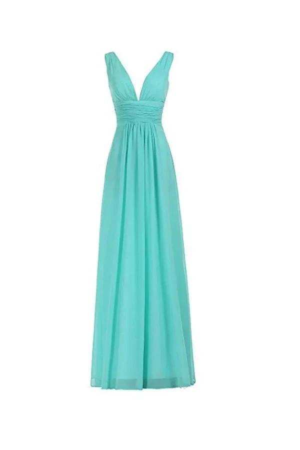 V-Neck Ruched Waist Long Prom Evening Gown Bridesmaid Dress (ZD13184)