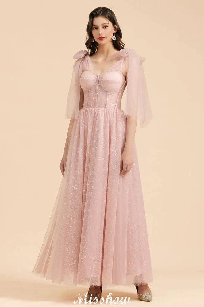V-Neck Ruffle Chffion Sleeves Aline Bridesmaid Dress Dusty Pink Wedding party Dress by misshow.com