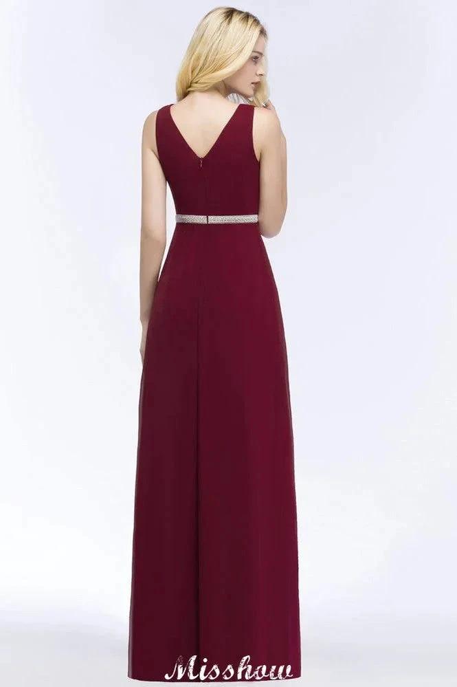V-neck Ruffled Floor-Length Beading Bridesmaid Dresses A-line Chiffon with Sash (ZD12885)