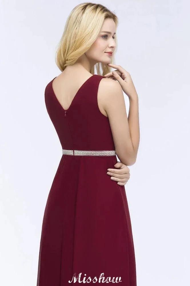 V-neck Ruffled Floor-Length Beading Bridesmaid Dresses A-line Chiffon with Sash (ZD12885)
